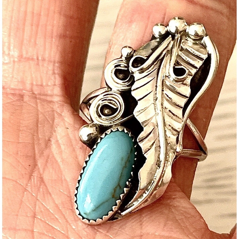 Long‎ Navajo Turquoise Ring Sz 6.75 Sterling Leaf Feather Signed RM Native Amer